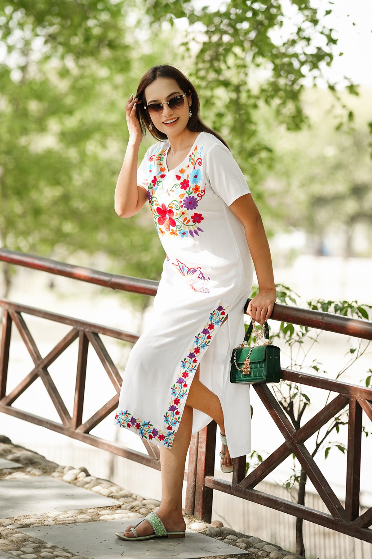 Straight Length Kurta Dress Floral Butterfly Embroidery