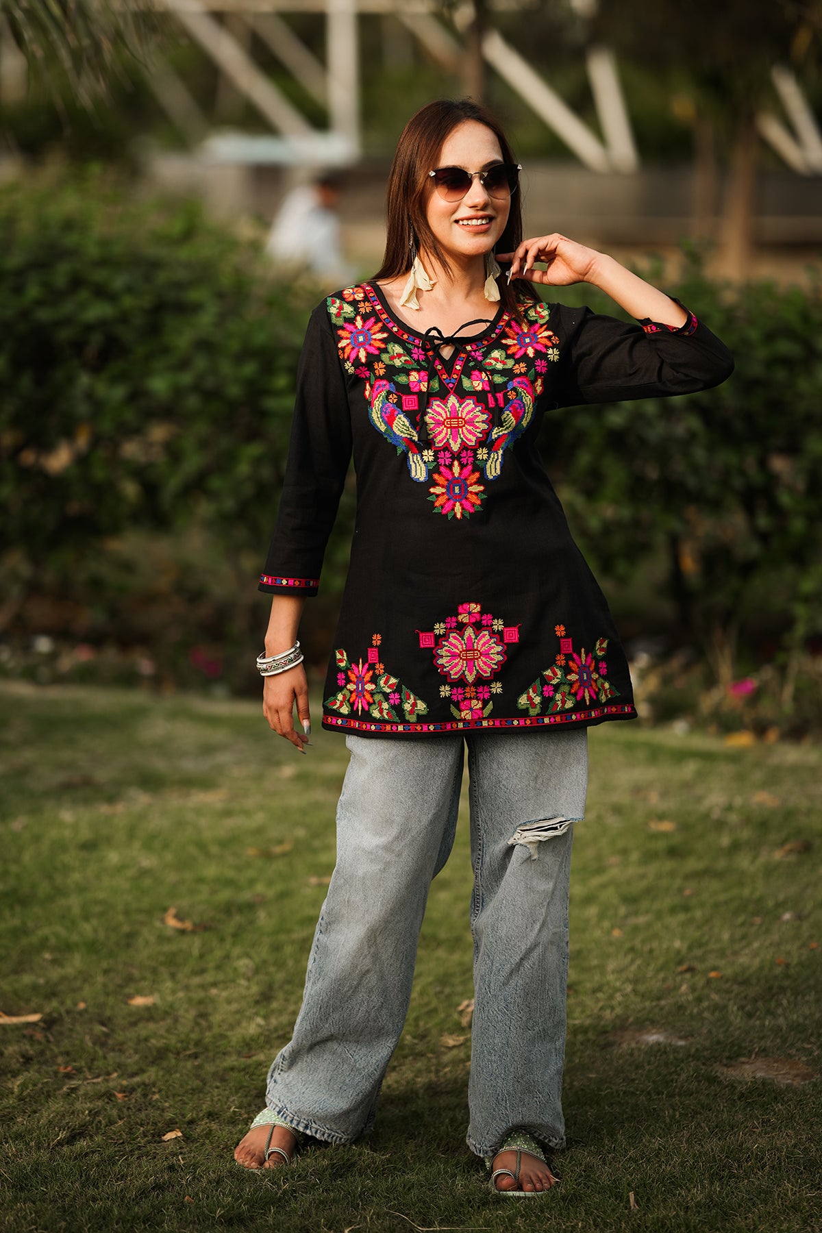 Embroidery with Cross Short Kurta - Black