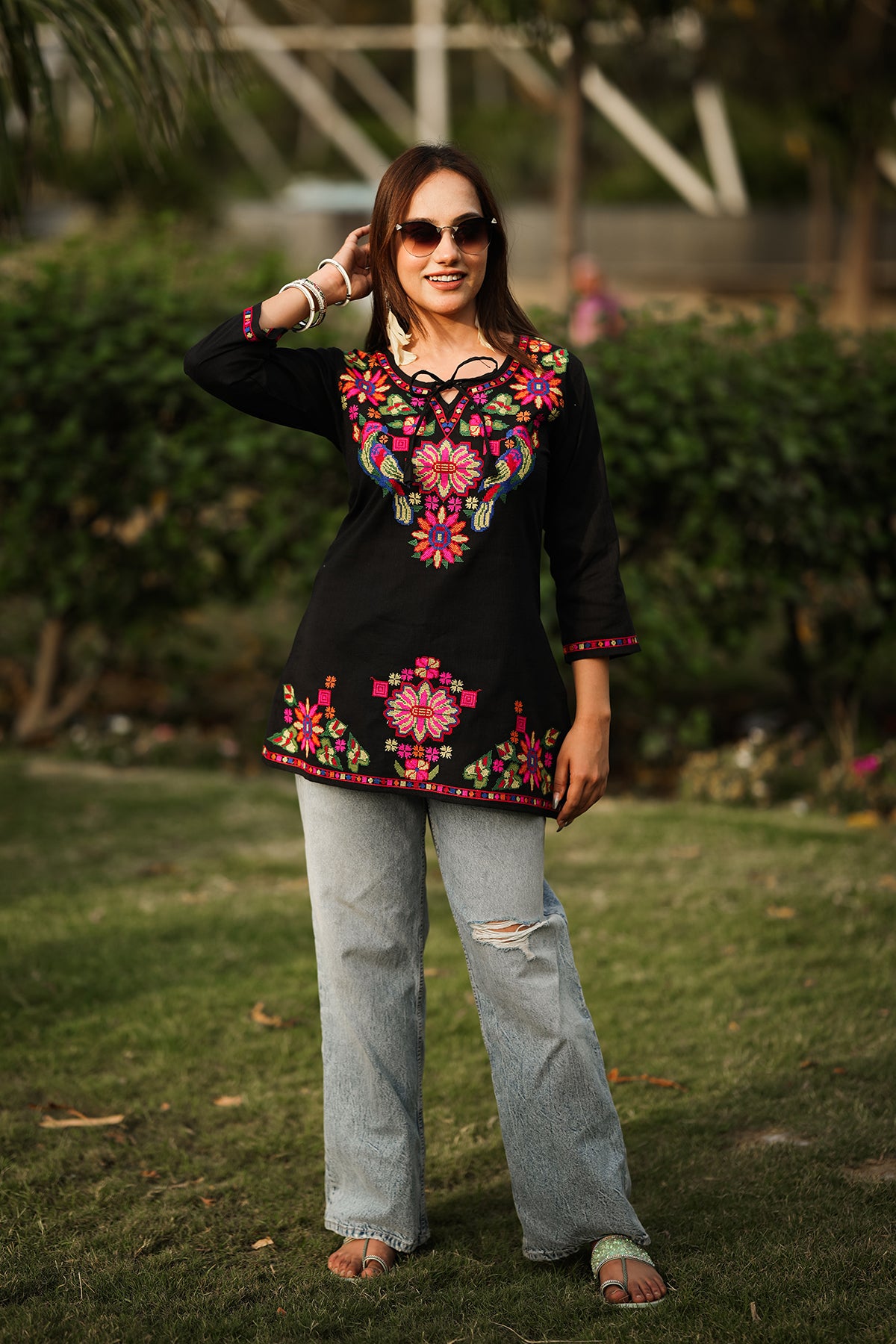 Embroidery with Cross Short Kurta - Black