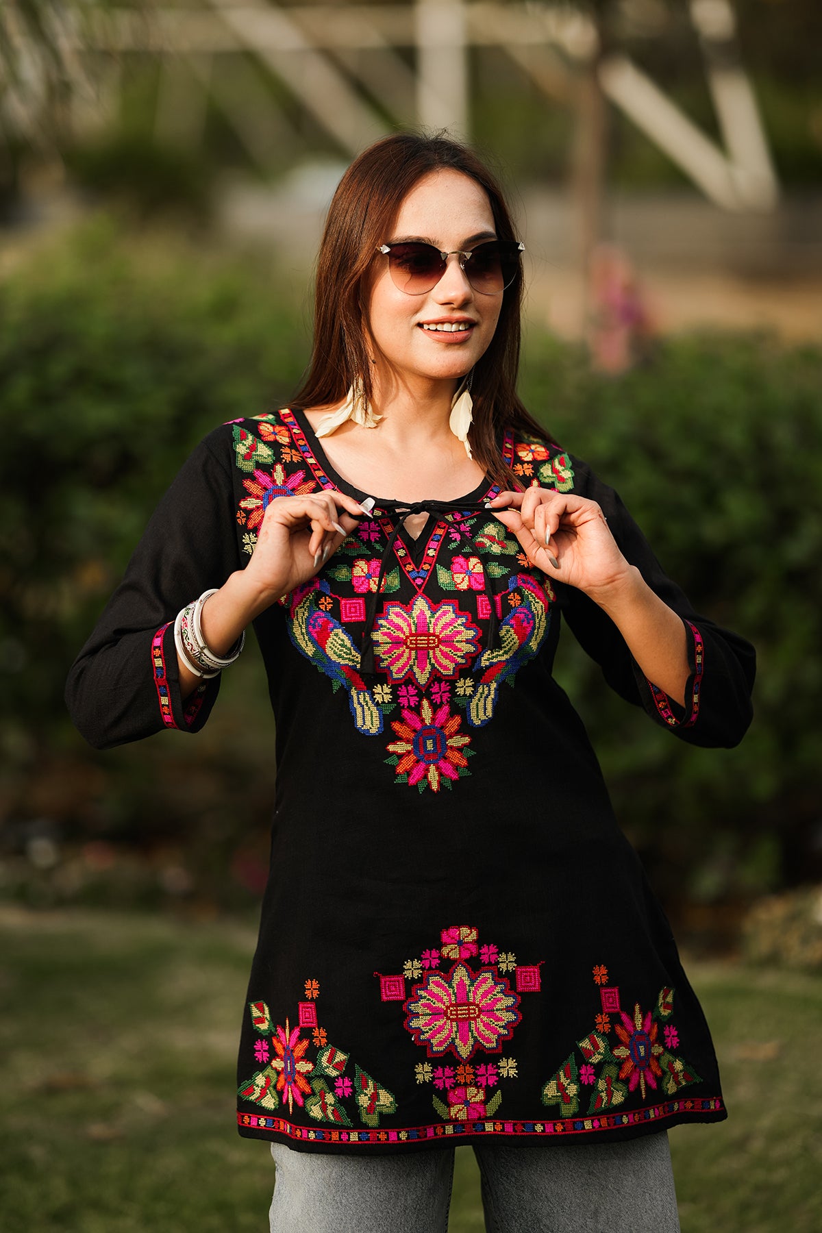 Embroidery with Cross Short Kurta - Black