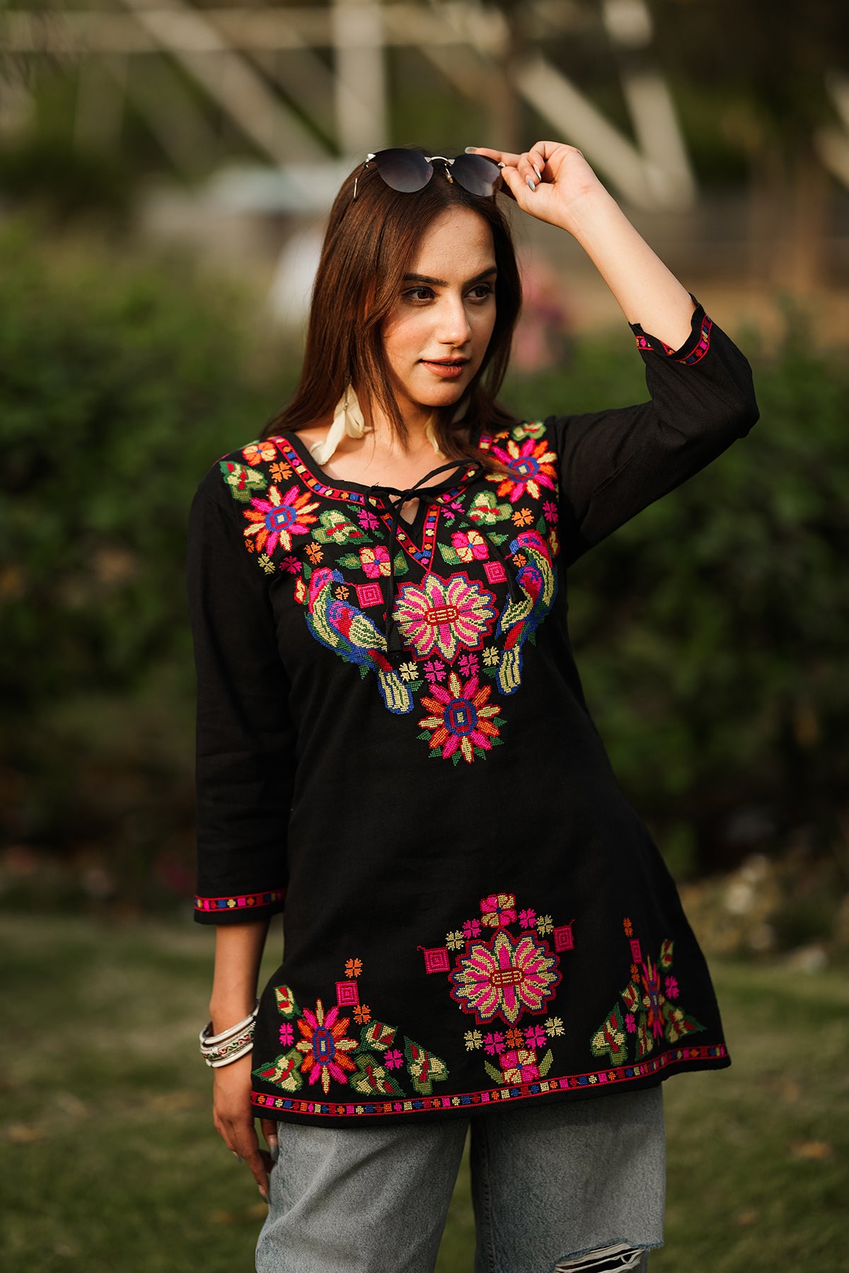 Embroidery with Cross Short Kurta - Black