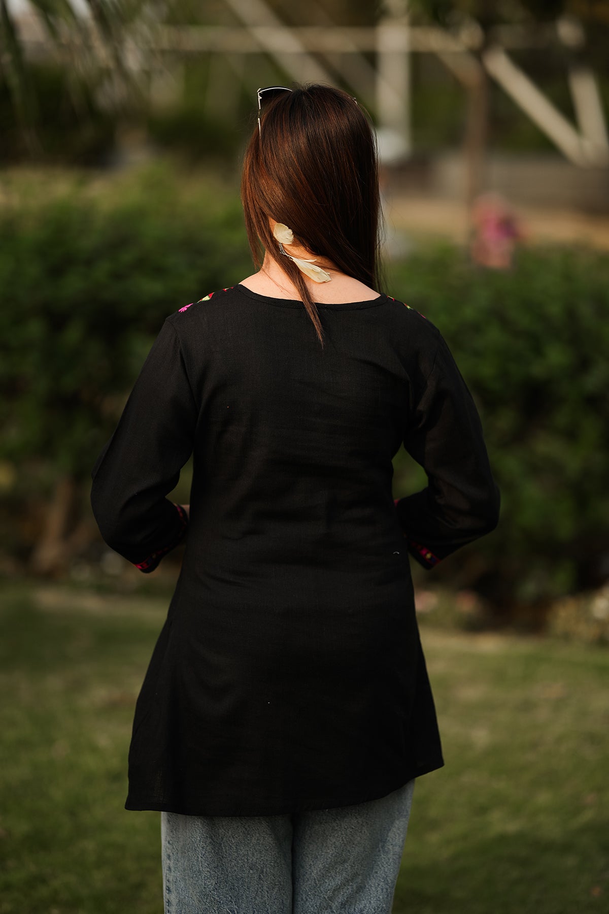 Embroidery with Cross Short Kurta - Black