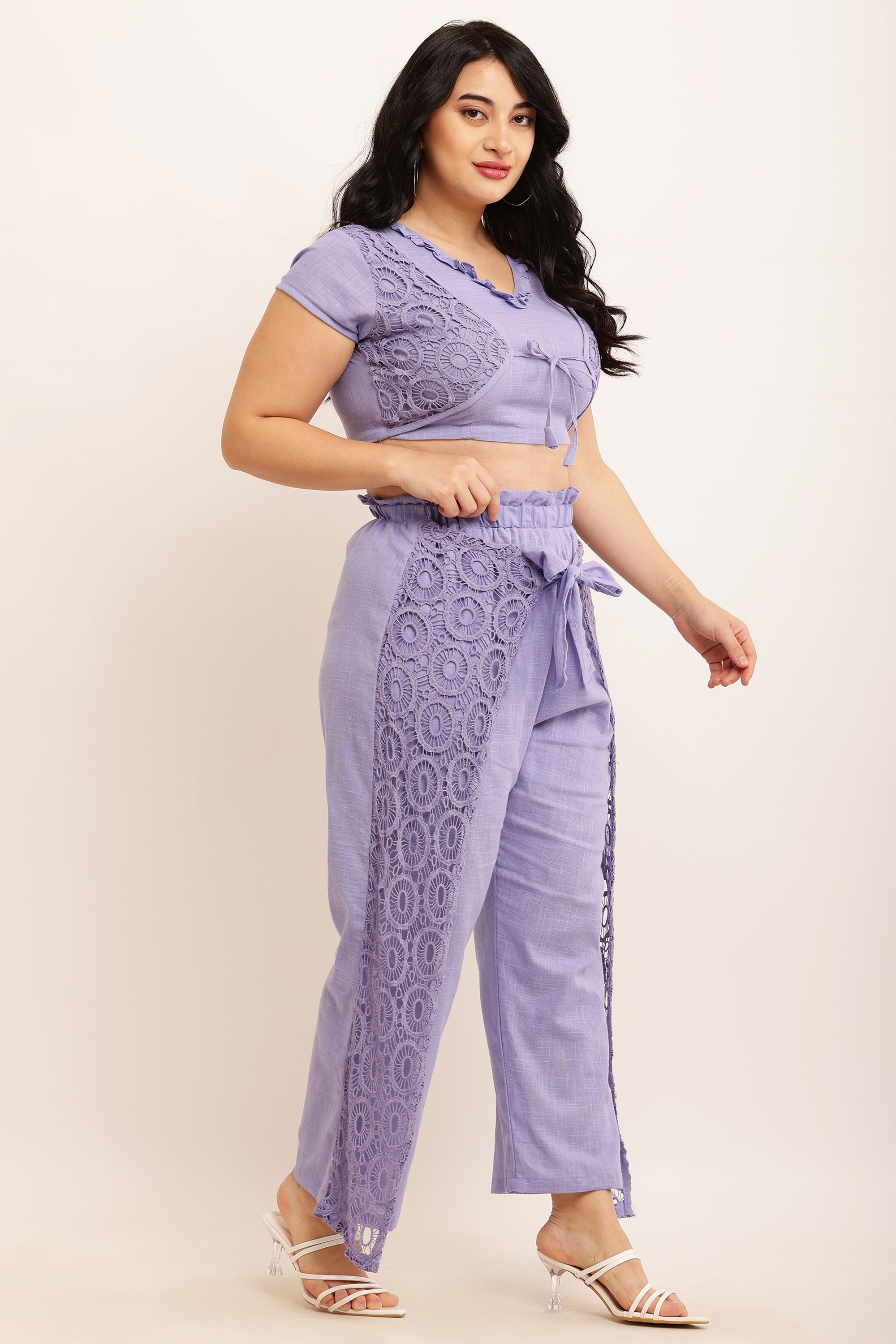 GPO Lace Co-ord Set - Crop Top & Pants Combo (PEACH)
