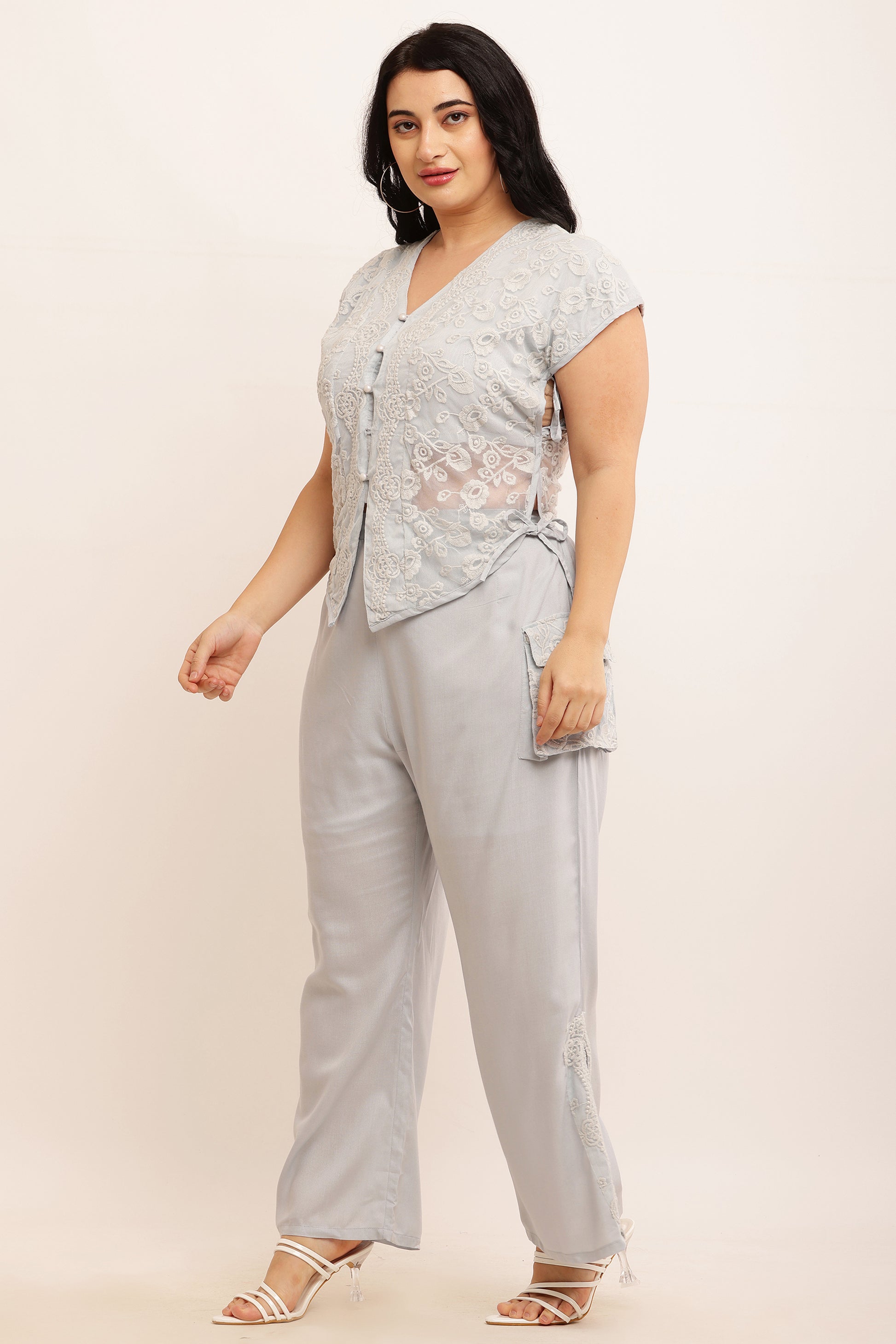 Floral Self Design Net Co-ord Set