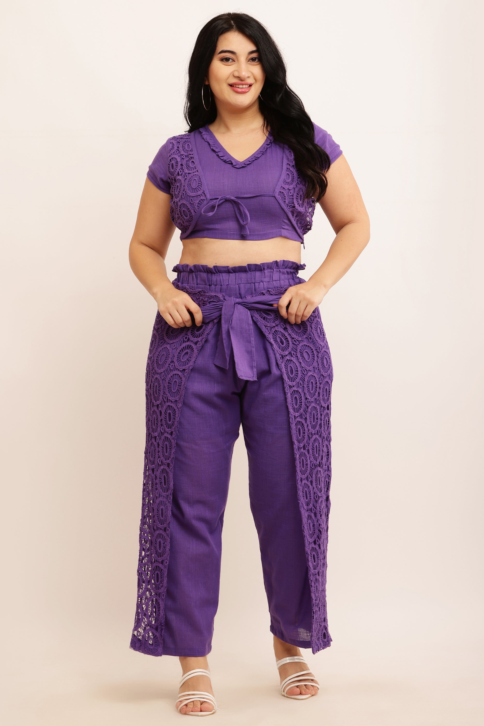 GPO Lace Co-ord Set - Crop Top & Pants Combo (PEACH)