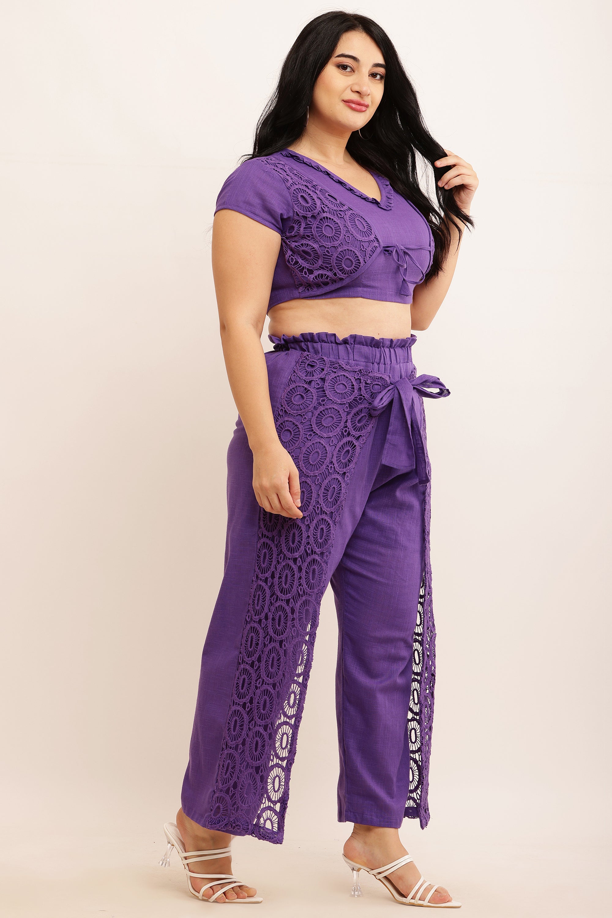 GPO Lace Co-ord Set - Crop Top & Pants Combo (PEACH)