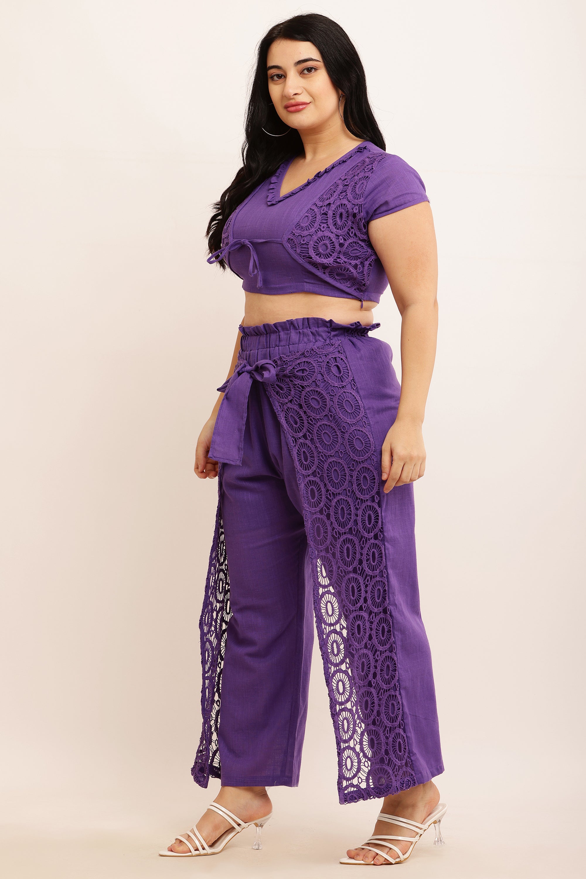 GPO Lace Co-ord Set - Crop Top & Pants Combo (PEACH)