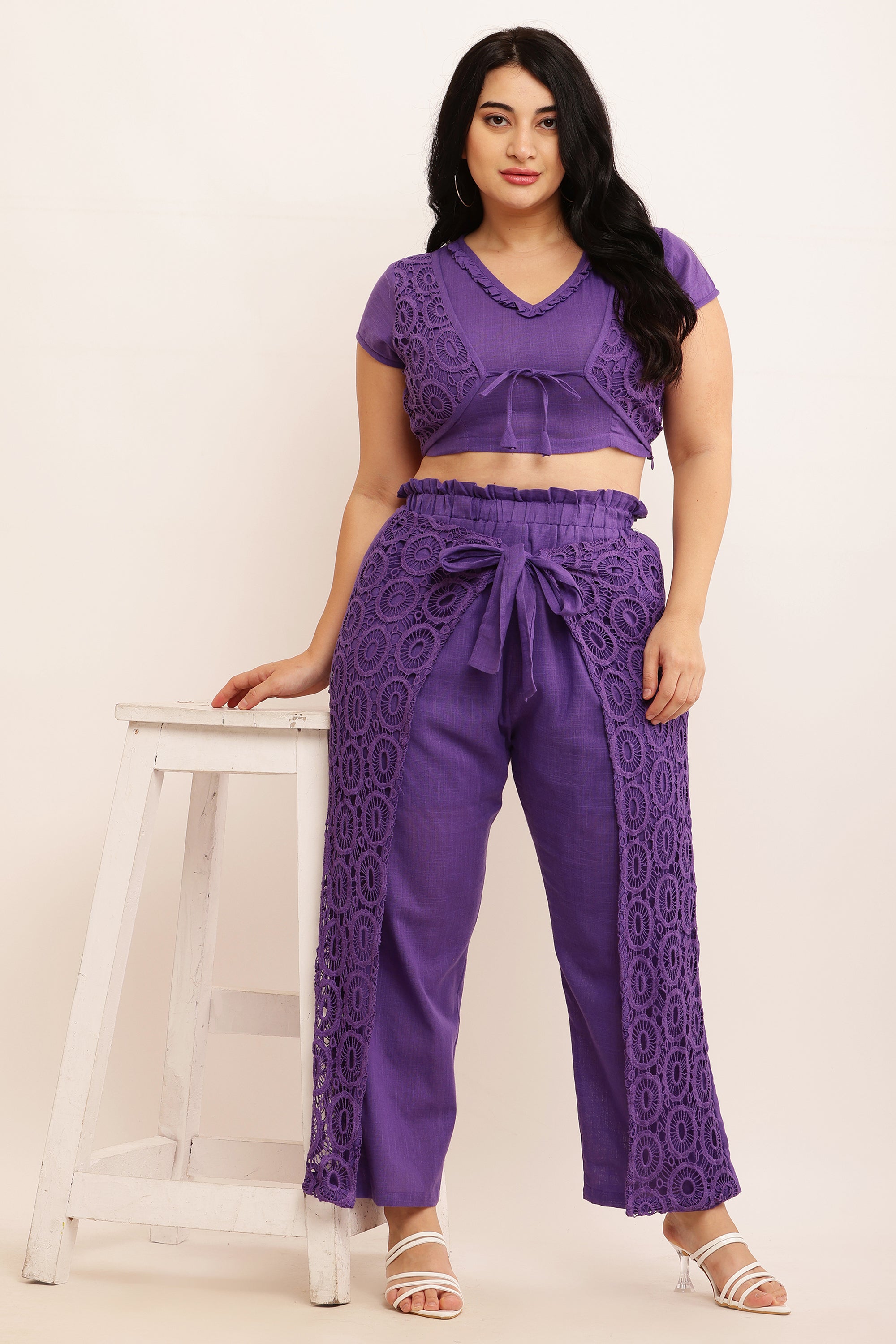 GPO Lace Co-ord Set - Crop Top & Pants Combo (PEACH)