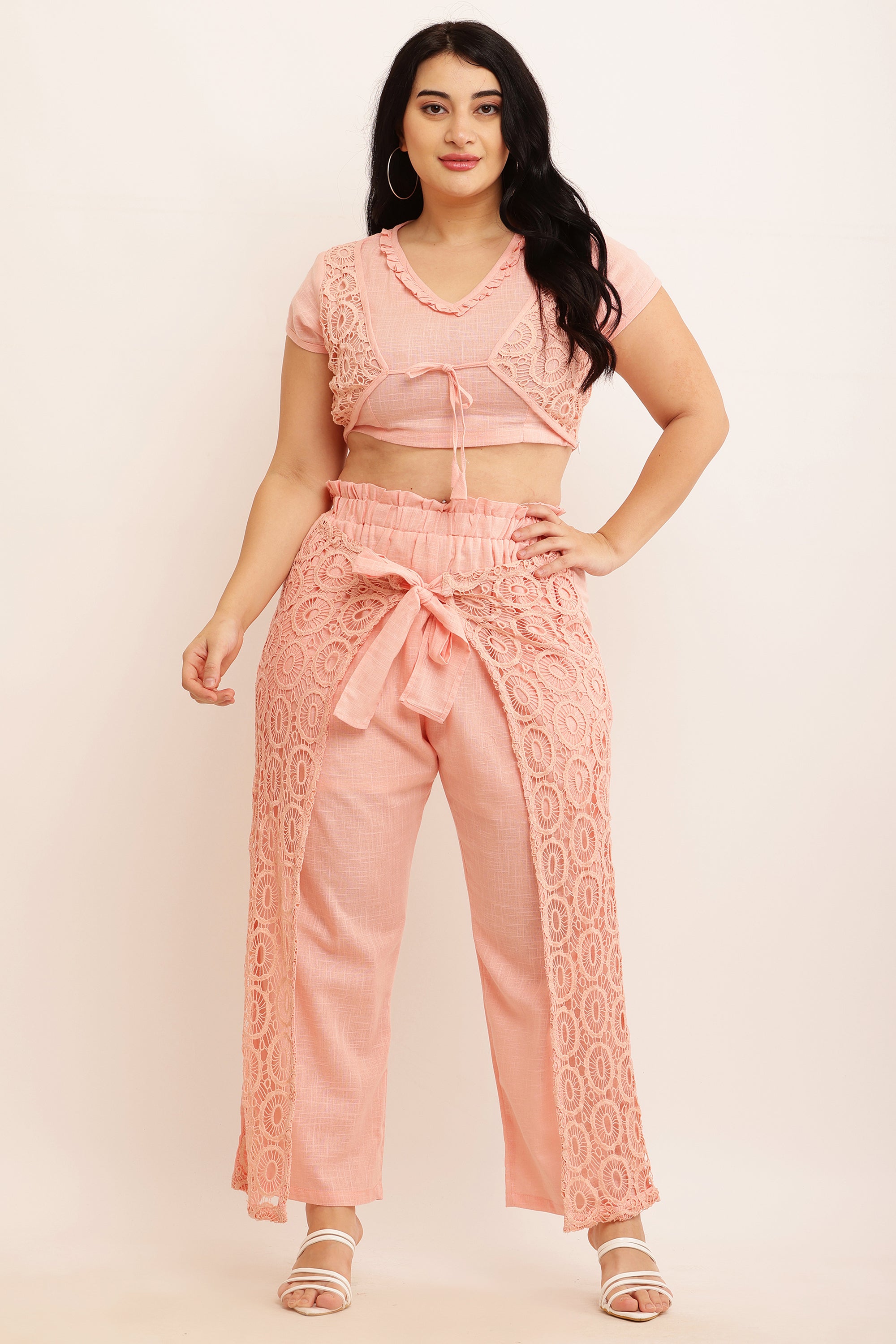 GPO Lace Co-ord Set - Crop Top & Pants Combo (PEACH)