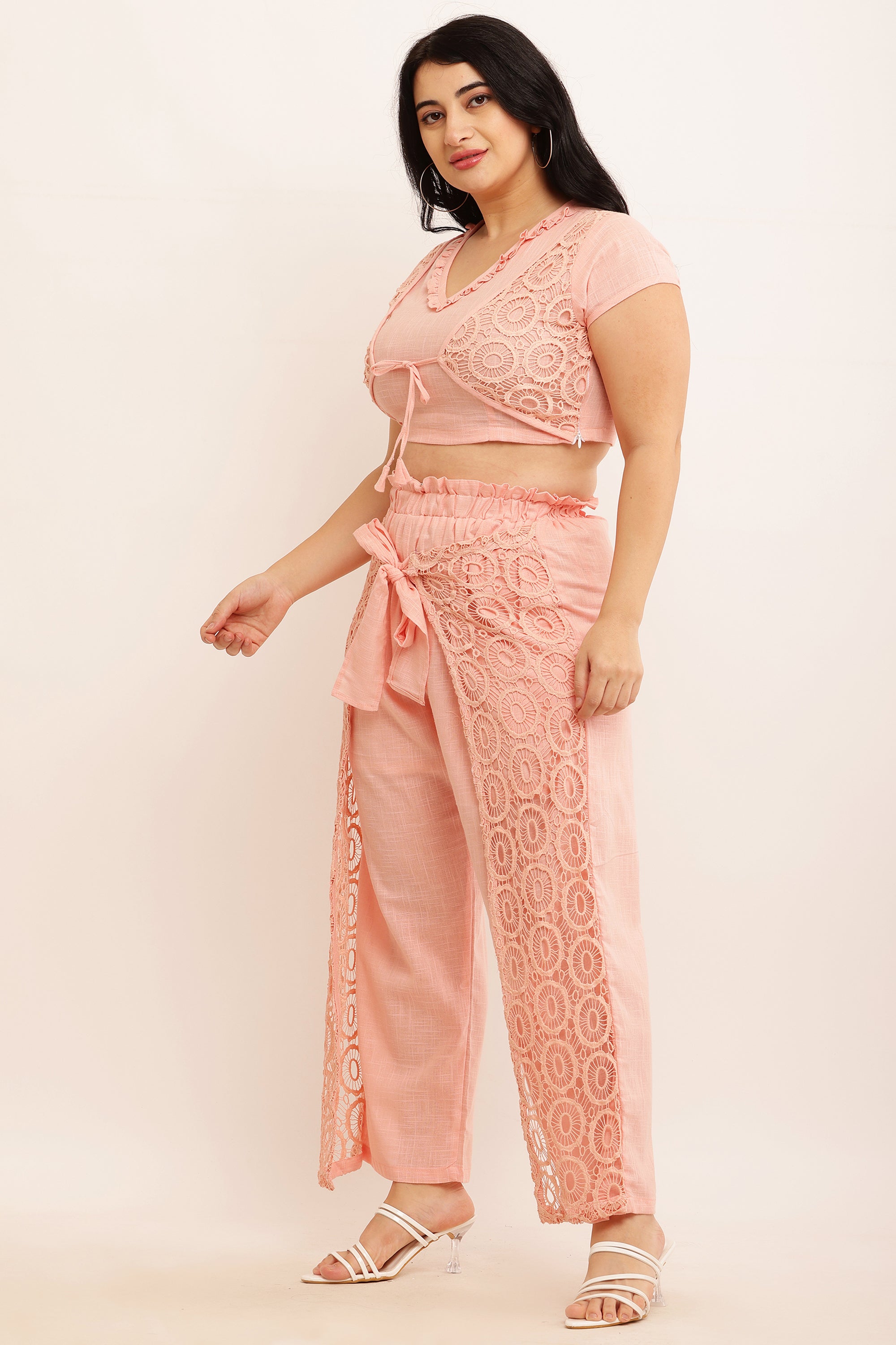 GPO Lace Co-ord Set - Crop Top & Pants Combo (PEACH)