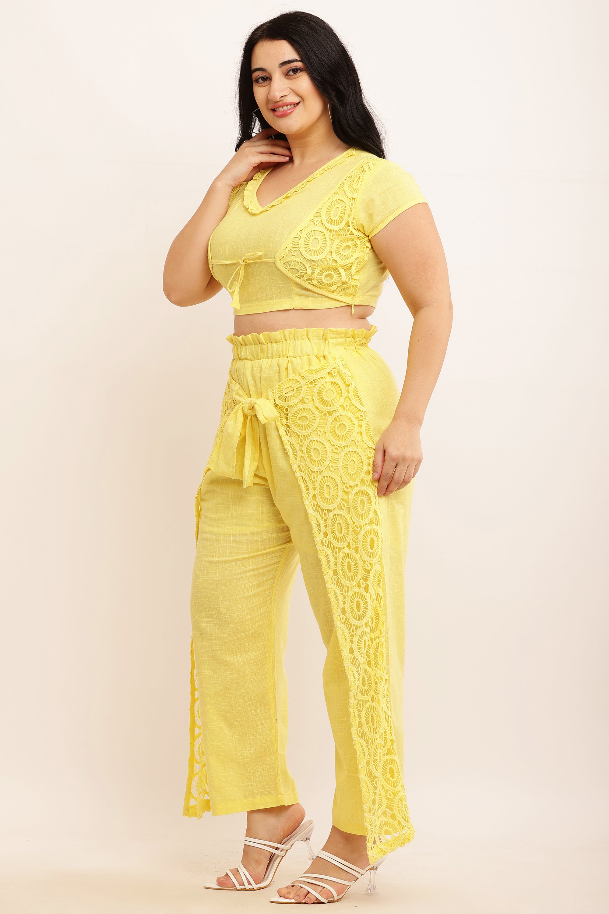 GPO Lace Co-ord Set - Crop Top & Pants Combo (PEACH)