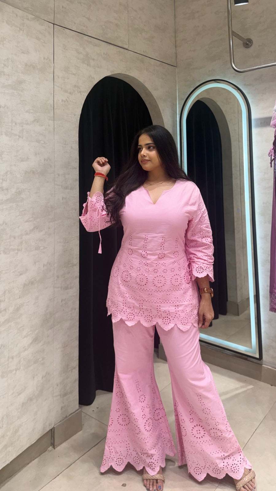 Cotton Short Kurta Chikankari Schiffli with Flared Plazzo
