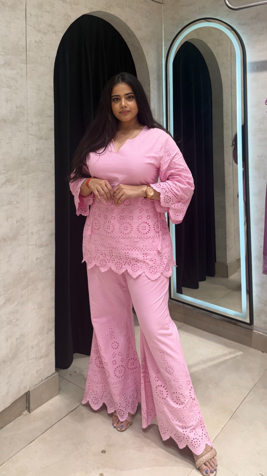 Cotton Short Kurta Chikankari Schiffli with Flared Plazzo