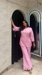 Cotton Short Kurta Chikankari Schiffli with Flared Plazzo