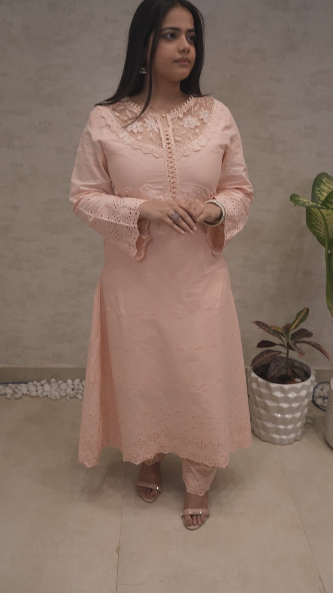 A-line Long Kurta Net Yoke with Pants