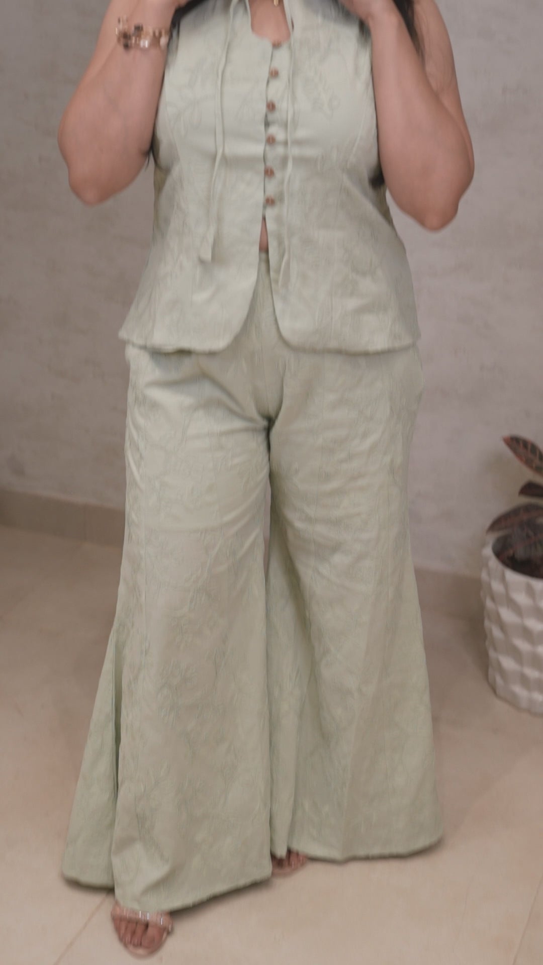 Thread Embroidered Schiffli Vest Top with Flared Pants