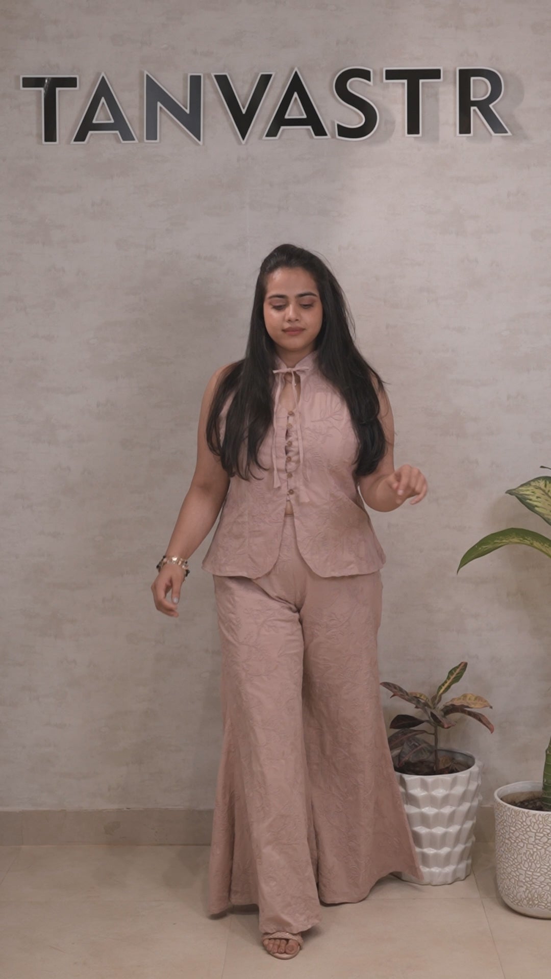 Thread Embroidered Schiffli Vest Top with Flared Pants