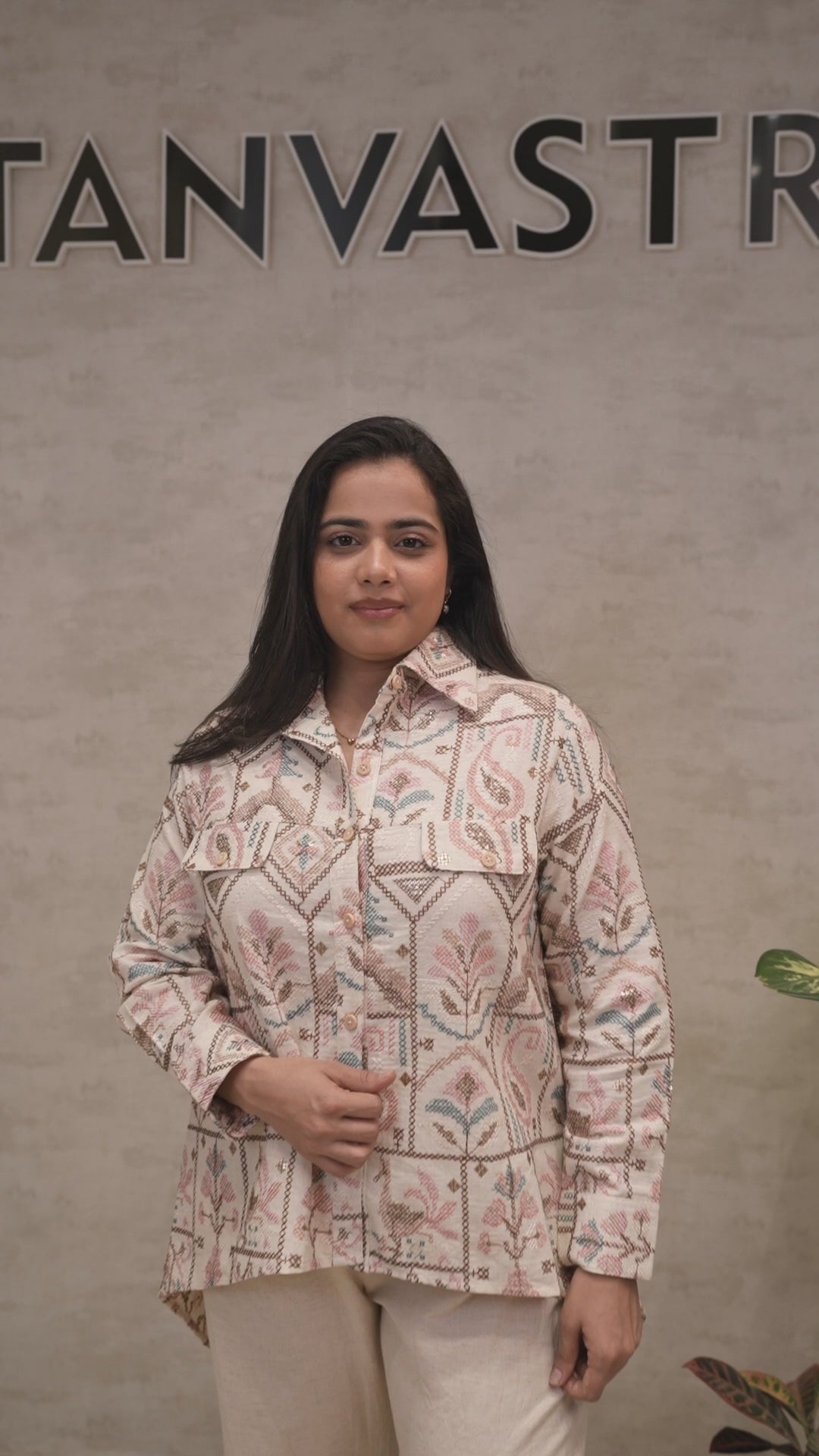 Cross Stitch Embroidered Shirt with Flared Pants