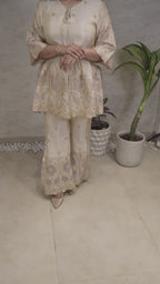Applique Crepe Peplum Top with Sharara Pants