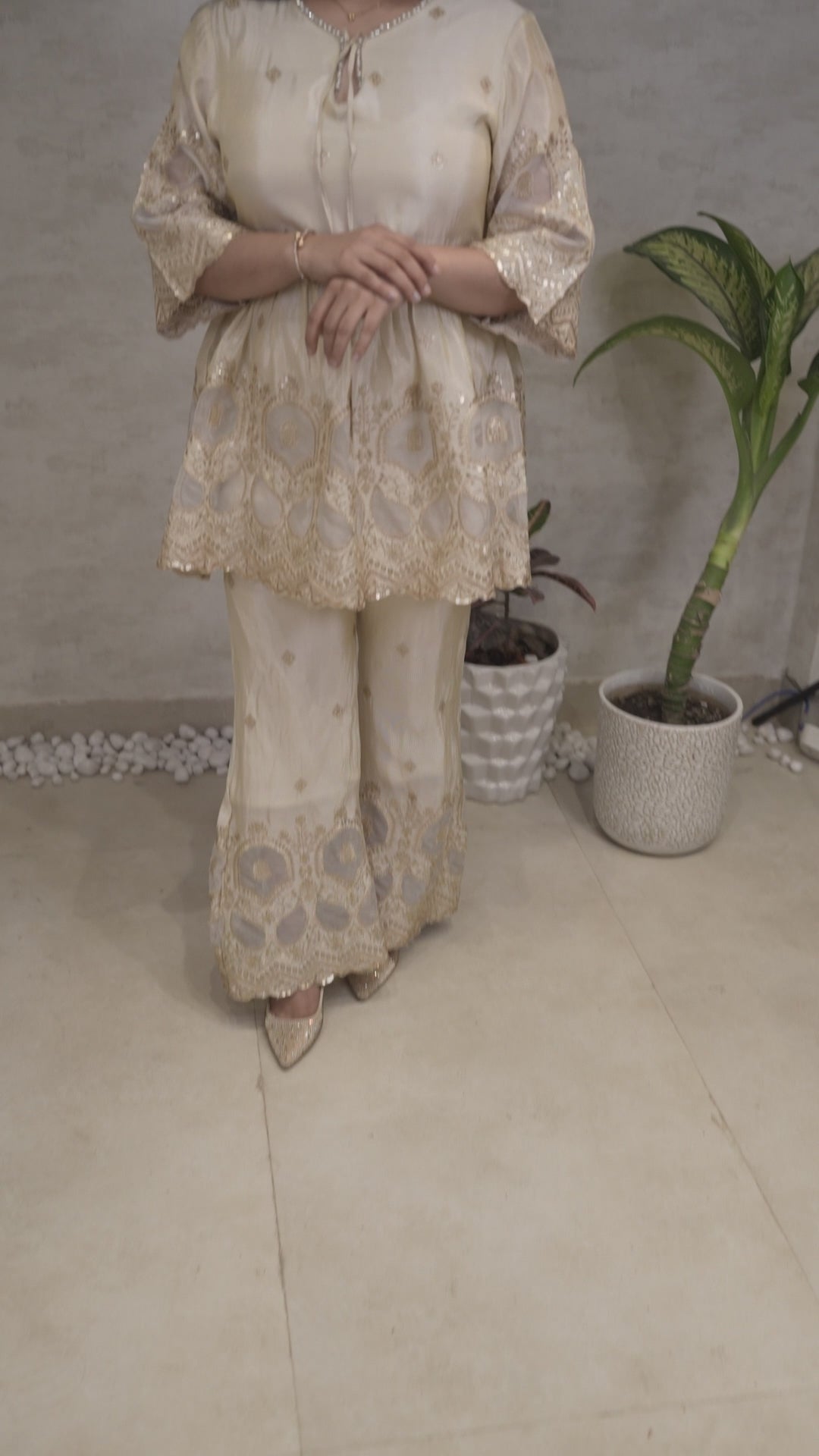 Applique Crepe Peplum Top with Sharara Pants