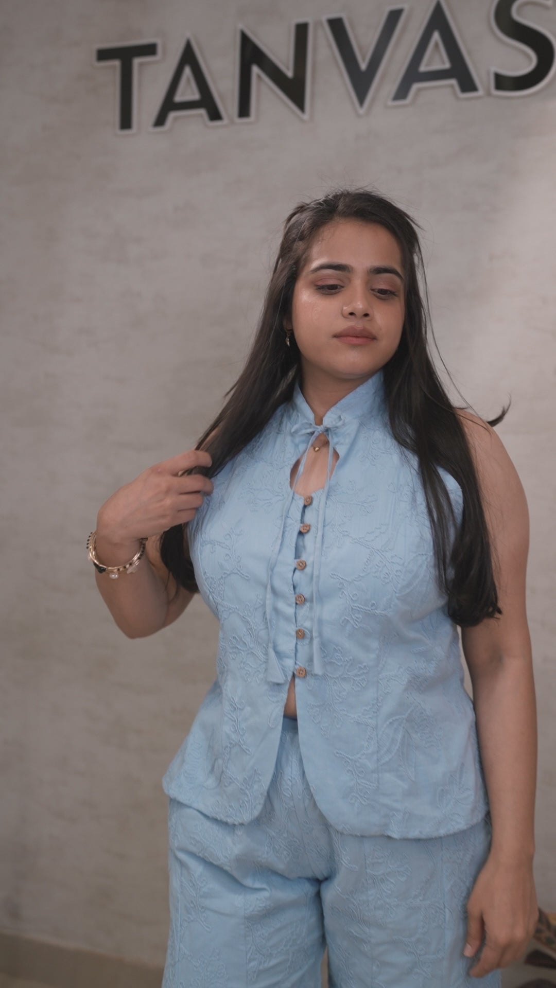 Thread Embroidered Schiffli Vest Top with Flared Pants